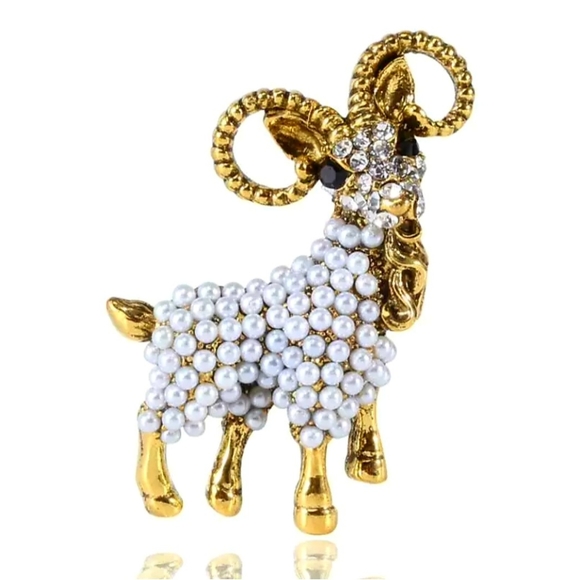 Gold-plated Crystal Pearl goat/sheep brooch necklace BOGO - Picture 12 of 16